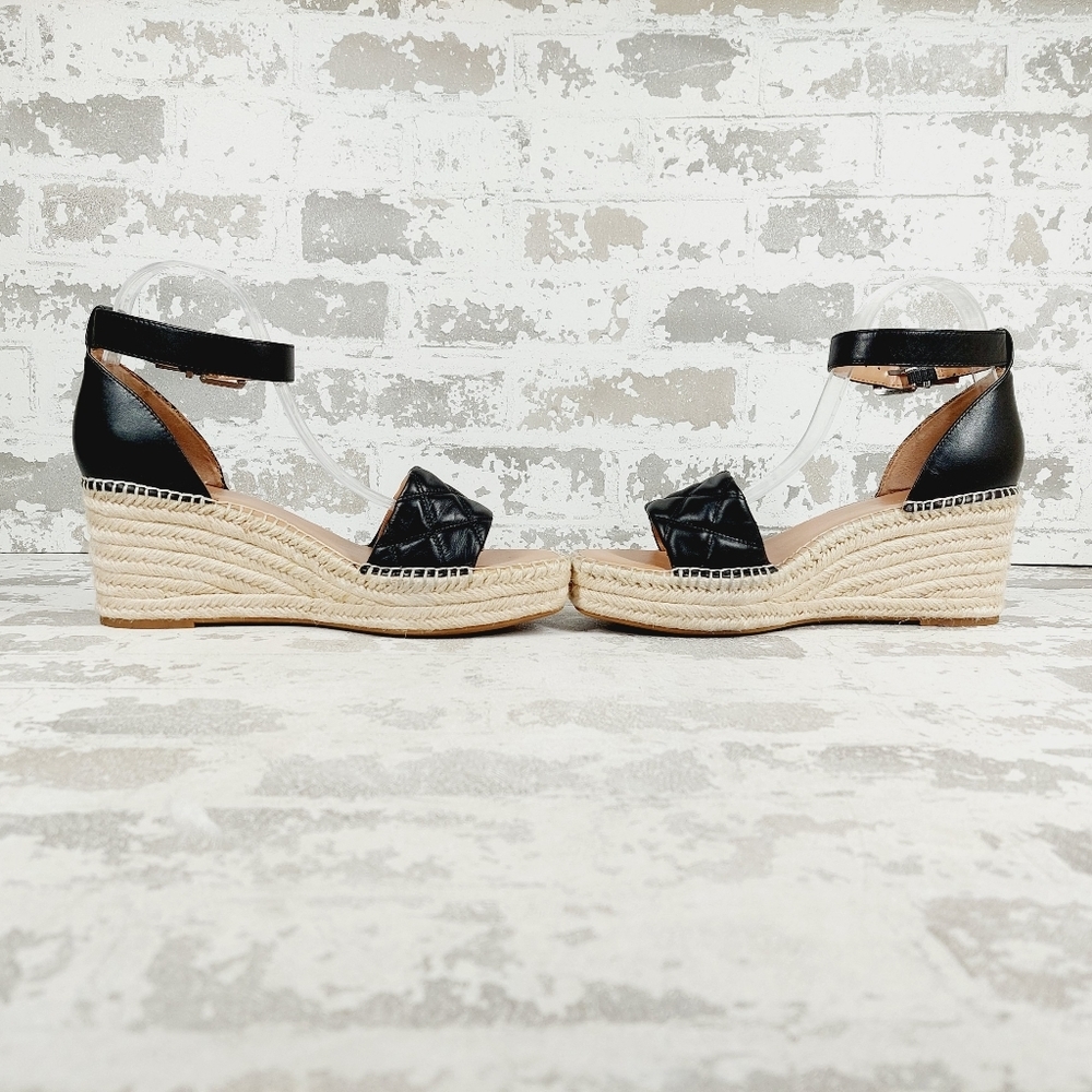 NEW Nordstrom Carmen Black Leather Slip On Buckle Ankle Strap Wedge Sandals E936 - Picture 7 of 12